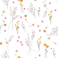 Summmer Trendy  white blowing  Floral pattern in the many kind of flowers. Wild botanical  Motifs scattered random. Seamless vector texture.