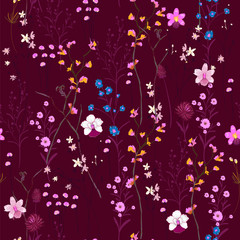 Vector many kind of wild flowers seamless beautiful on maroon color background,