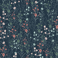Vintage Hand-drawn vector seamless wild flowers and botanical pattern with different plants. Repeated natural background