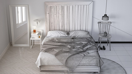 Unfinished project draft, contemporary bedroom, bed with wooden headboard, scandinavian white eco chic interior design, top view