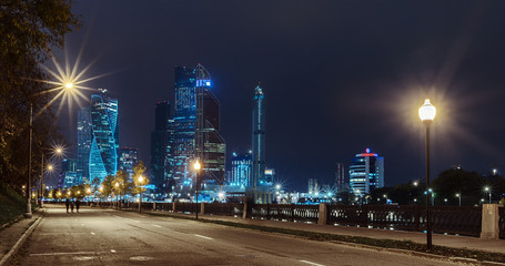 Moscow. October 21, 2018. Night lighting in the city. Taras Shevchenko Embankment and the Moscow-City Business Center