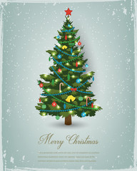 Christmas tree with decorations and gift boxes. Holiday background. Merry Christmas and Happy New Year. Vector