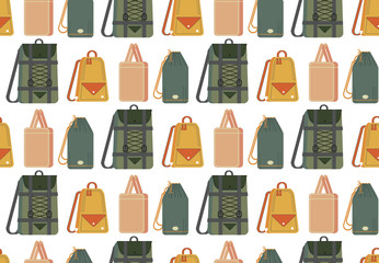 Travel different bags, backpacks,various backpacks for travel. Flat isometric icons illustration. Set of illustrations for traveling, hiking, flying, resting, resting, vacation, job, school.