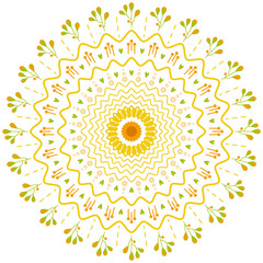 Summer dandelion flower pretty mandala with leaves, lines and waves color illustration on white background. Vector for print, decor, fabric, fashion. Nature style