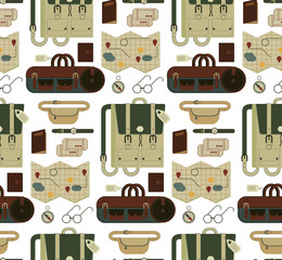A seamless pattern vintage travel bags, backpacks, cases, luggage and travel items - passport, tickets, card, compass, glasses, watch. Traveling, hiking, flying, resting, vacation.