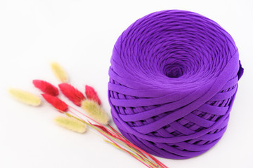 Studio photo of a skein of handmade yarn on a white background