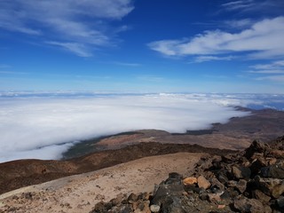 Beautiful scenery over the clouds from the big famous volcano Pico del Teide in Tenerife, Europe