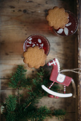 Gingerbread and Glogg, also known as Scandinavian mulled win is a traditional Scandinavian warming drink. Christmas background and concept for design