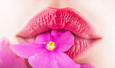 Close-up lips and flower. Close-up beautiful female lip with bright lipgloss makeup. Spa and cosmetics. Lips with flowers, sexy mouth, natural