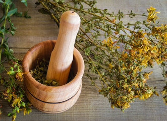 mortar with herb St. John's wort for the preparation of medicinal decoctions