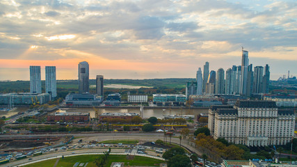 Naklejka na ściany i meble Aerial photo with drones. Puerto Madero, Buenos Aires Cityscape. touristic destination in Buenos Aires, Argentina