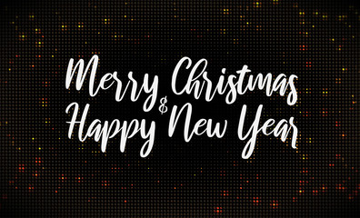 Merry Christmas text on golden glittering halftone pattern background. Vector Illustration