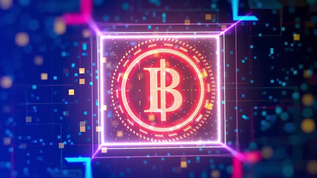 Thai Baht currency animated logo reveal. Financial sign on digital background. Closeup video with depth of field, bokeh, neon lights.