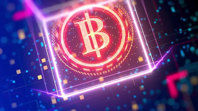 Thai Baht currency animated logo reveal. Financial sign on digital background. Closeup video with depth of field, bokeh, neon lights.