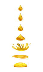 Drop of liquid, water falls and makes a splash, orange, gold colour. Phases, frames, for animation, cartoon style, vector, isolated