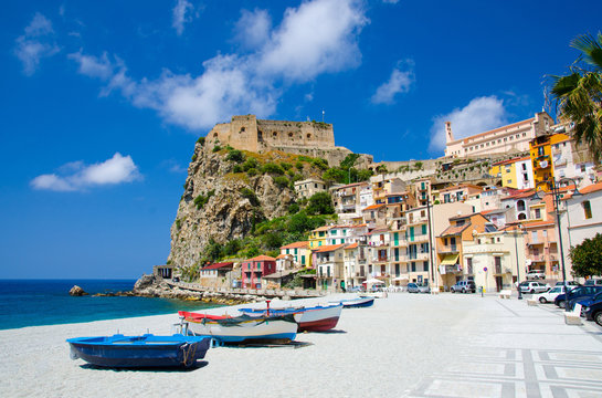 Fishing colorful boats on sandy beach, Scilla, Calabria, Italy