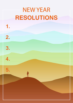 New years resolution in the new year, men standing on the hill looking into new perspectives next year, minimalist landscape, vector, illustration, banner, poster