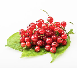 Red Currant on green leaves on white background