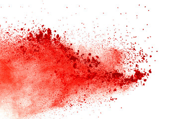 Red powder explosion on white background. Paint Holi.