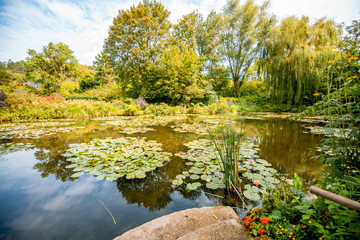 Landscape view on the beautiful Claud Monet's lake with lilies, famous french impressionist painter...