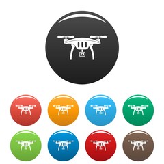 Action camera drone icons set 9 color vector isolated on white for any design