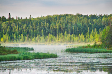 A lake in Prince Albert National Park in the early morning hours.