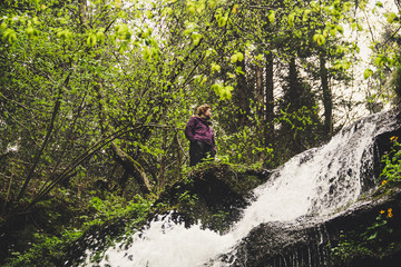 Naklejka na ściany i meble The girl is near the waterfall and the rocks. The Ukrainian picturesque Carpathians. Mountain trip. Traveling with friends. Landscapes from the top. Trees. Autumn