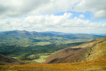 Ukrainian picturesque Carpathians. Mountain trip. Traveling Fields. Landscapes from the top. Trees. Autumn