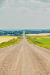 A dirt road heading straight to the horizon in the Great Plains of Saskatchewan, Canada