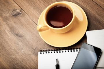 Workplace with cup of tea