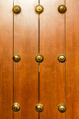 Detail of a Spanish wooden door with brass decorations.