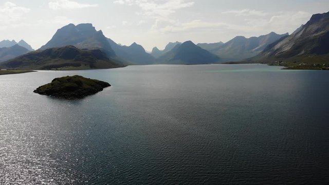Aerial view. Bridge over fjord on Lofoten islands. Summer time, foggy hazy day, overcast weather