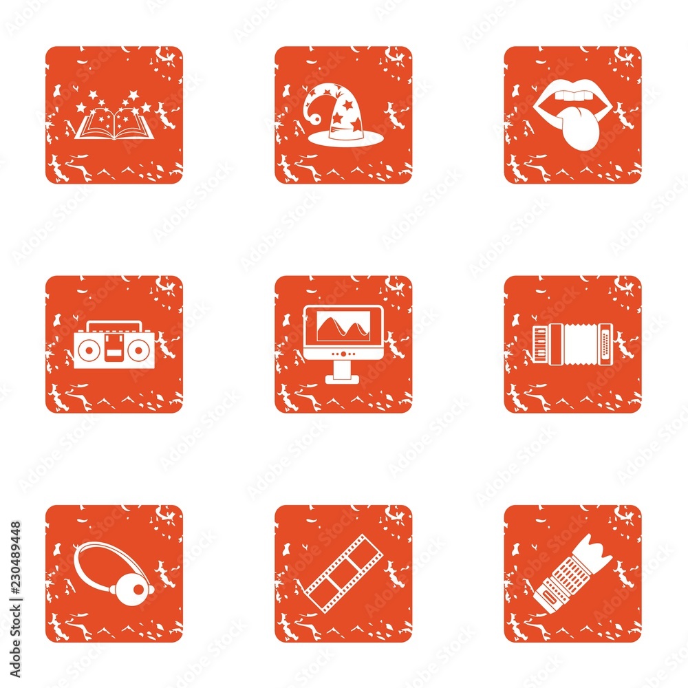 Poster spell icons set. grunge set of 9 spell vector icons for web isolated on white background