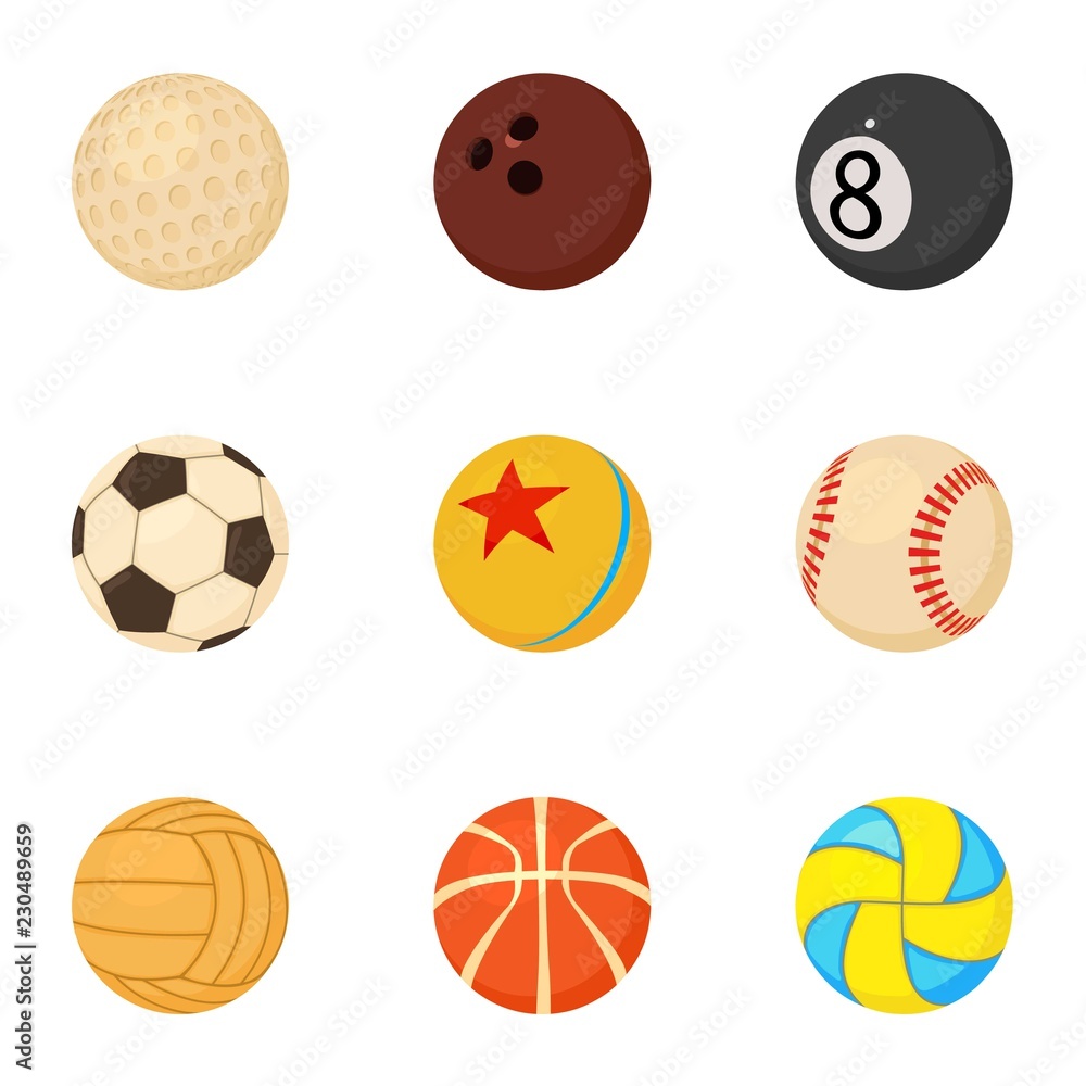 Poster ball game icons set. cartoon set of 9 ball game vector icons for web isolated on white background