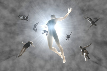 3D rendered illustration of Souls of deceased People streaming into the white light and afterlife of heaven.
