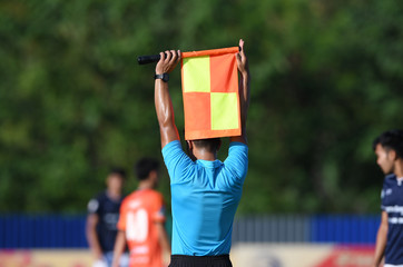 Assistant referee hold flag , substitution signal.