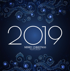 Happy Hew 2019 Year! Shining Holiday Background with Frost Patterns and Lights.
