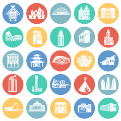 Modern and old buildings set on color circles background icons