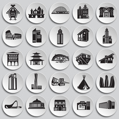 Modern and old buildings set on plates background icons