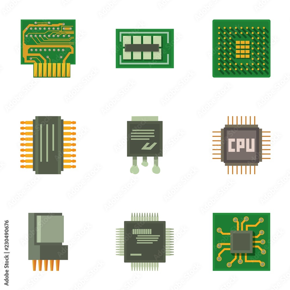Poster chip circuit icons set. cartoon set of 9 chip circuit vector icons for web isolated on white backgro