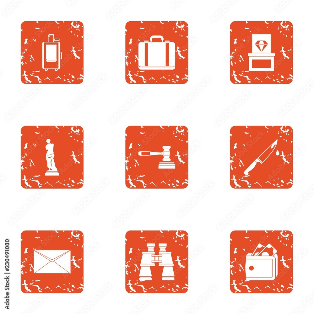 Poster exploring the sights icons set. grunge set of 9 exploring the sights vector icons for web isolated o