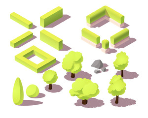 Isometric set of trees and hedges for city map. Park plants, bush, urban landscape, small rocks.