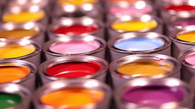 Collection of colored paints cans