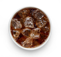 Cola drink with ice top view isolated on white