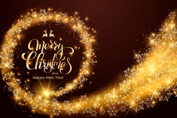 Christmas golden background. Lettering Merry Christmas card vector Illustration. Happy new year.