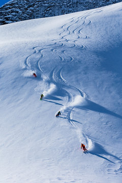 Four skiers skiing down on slope, British Colombia, Canada