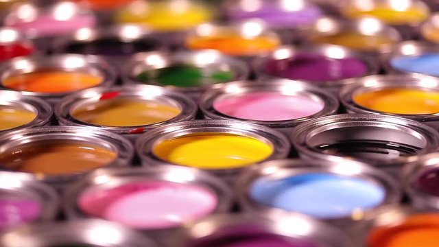 Collection of colored paints cans