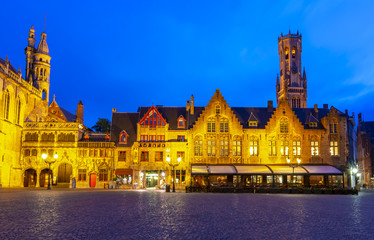 Fototapeta na wymiar Burg square with Basilica of the Holy Blood and Belfort tower at background at night, Bruges, Belgium