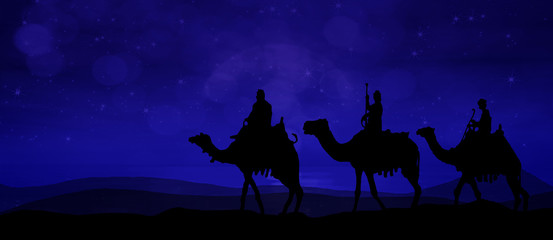 Three kings - wandering in the desert at night slightly shining from the stars - 230493614