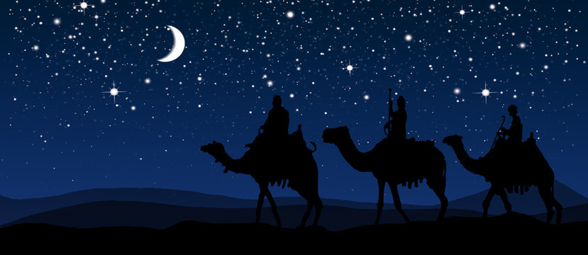 Three kings - wandering in the desert at night on the background of the sky illuminated by the moon and stars